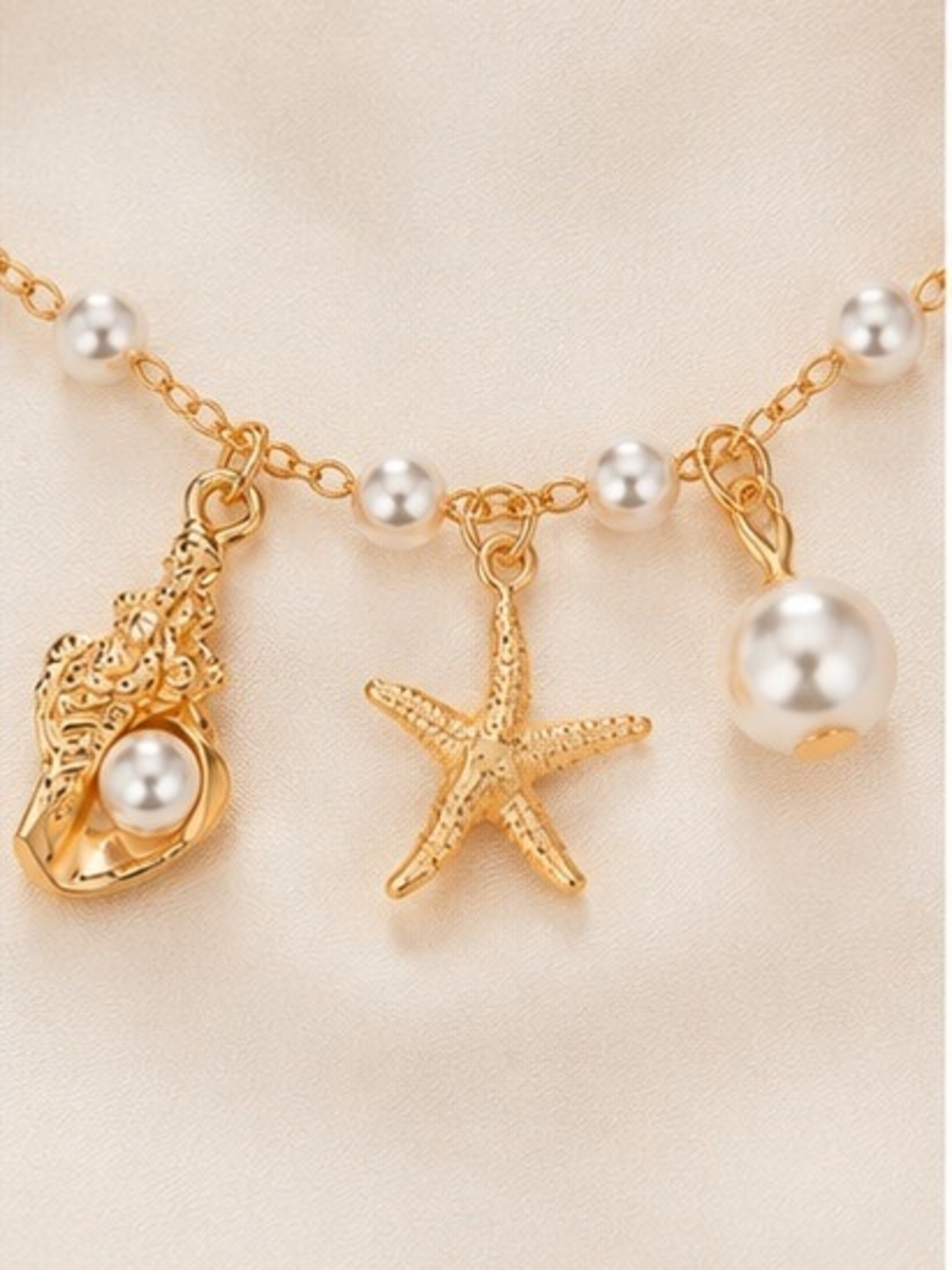 3-Piece Gold Tone Pearl Shell & Starfish Layered Anklet Set - Picture 6 of 7